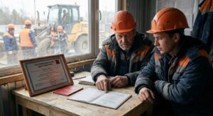 Рабочие в касках на стройплощадке, сертификат и удостоверение на столе
