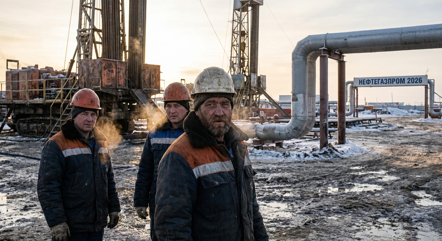 Рабочие в касках и спецодежде на нефтегазовом промысле, оборудование и насосные установки, промышленная атмосфера