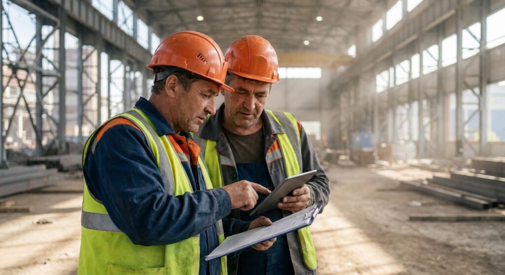 Industrial workers in safety helmets on a construction site, professional resume concept