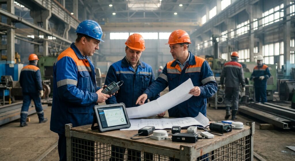 Специалисты по охране труда на производстве, обсуждают план работы, защитные каски и цифровые приборы мониторинга