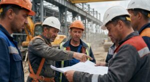 Industrial atmosphere, construction site, factory floor, workers in safety helmets