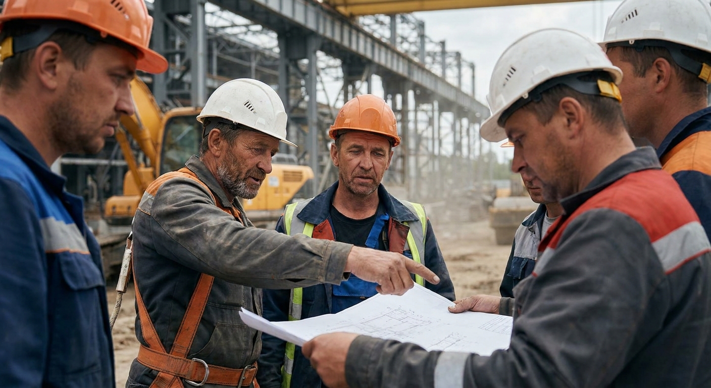 Industrial atmosphere, construction site, factory floor, workers in safety helmets