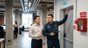 Инспектор и ответственный по пожарной безопасности проверяют эвакуационный выход и систему оповещения в офисном здании