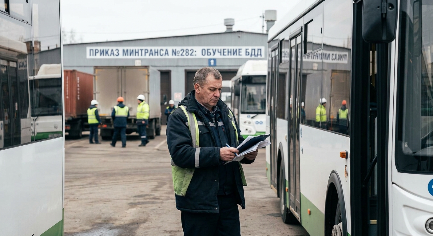 Специалист по безопасности дорожного движения проверяет документы автопарка рядом с автобусом, рабочая униформа, формальный вид