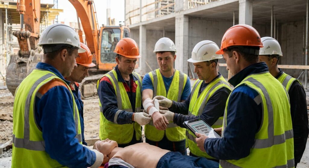 Workers in safety helmets on an industrial site practicing safety training and first aid drills