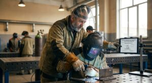 Инструктор показывает технику сварки на учебном стенде