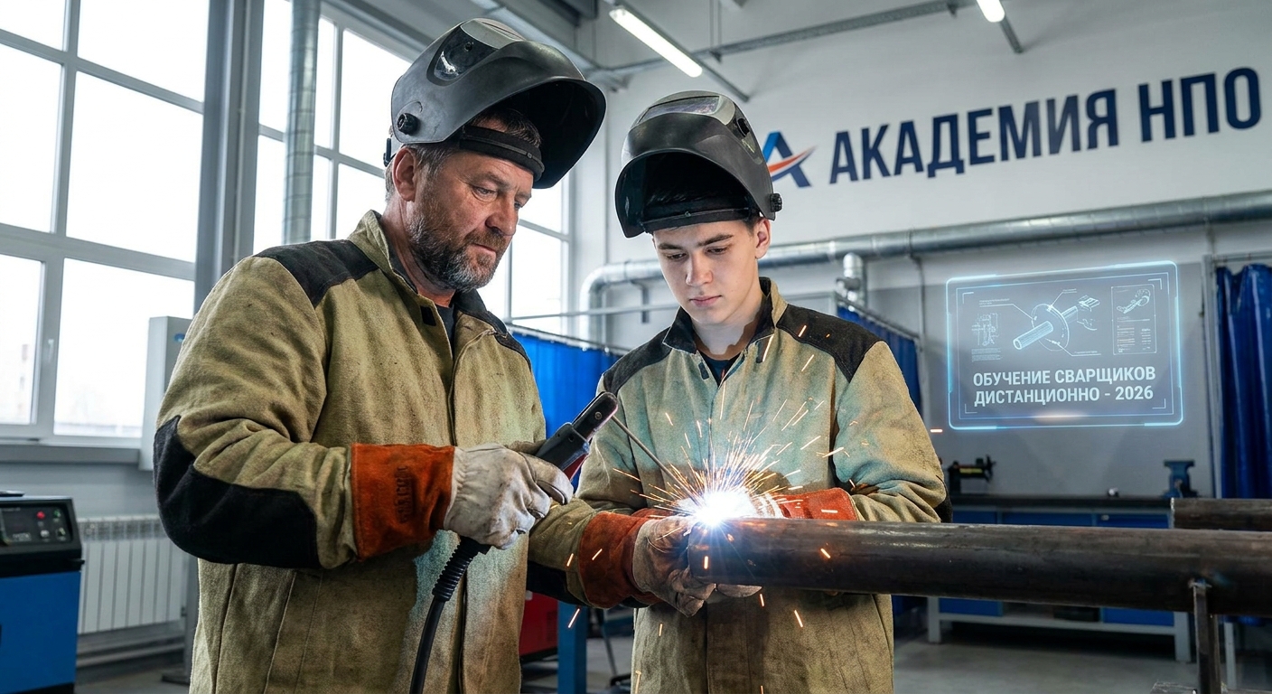 Инструктор показывает технику сварки учащемуся в мастерской Академии НПО