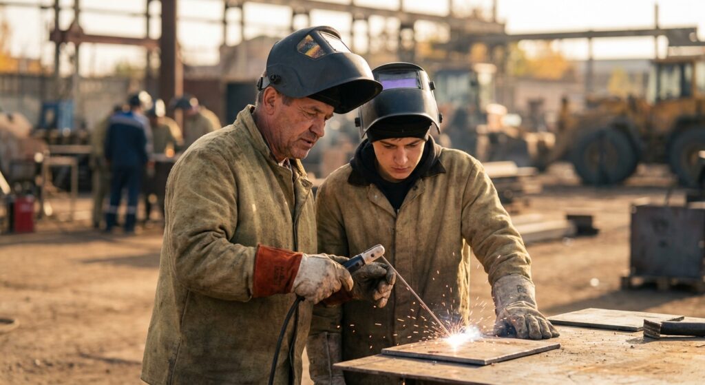 Инструктор показывает технику сварки ученику на полигоне