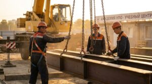 Инструктор показывает стропальные операции на строительной площадке