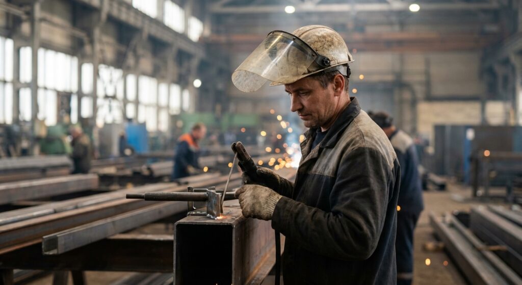 Сварщик в каске и защитном щитке работает на заводском участке — электрогазосварка, промышленная атмосфера