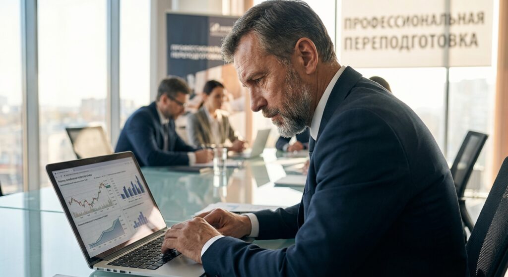 Специалист по бизнес-планированию работает за ноутбуком, финансовые графики и таблицы на экране