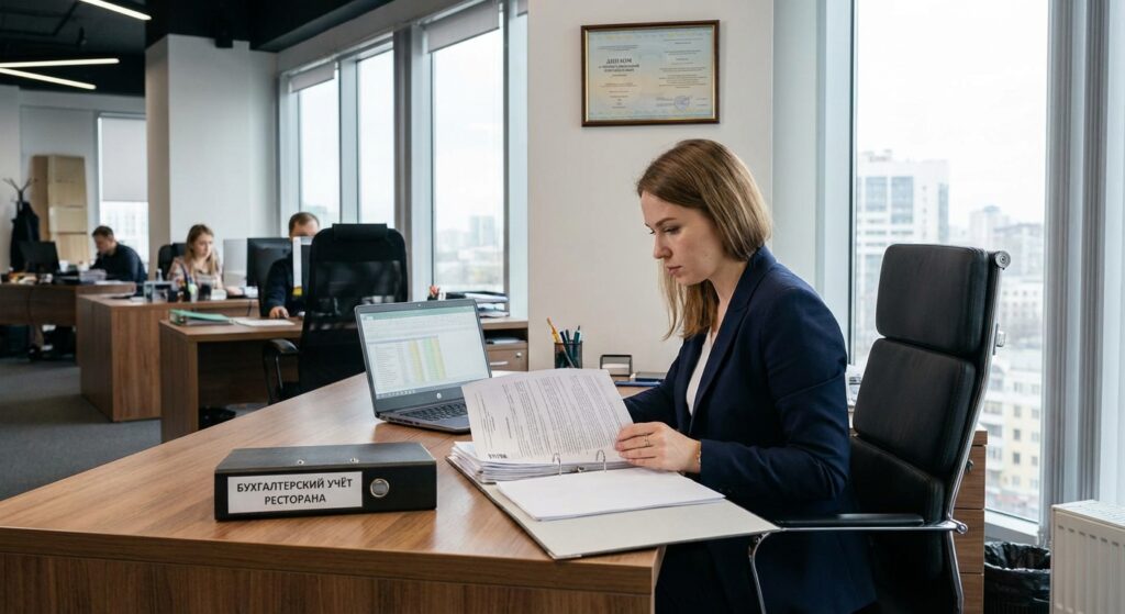 Modern office environment, accountant working with documents and laptop, accounting for restaurant business