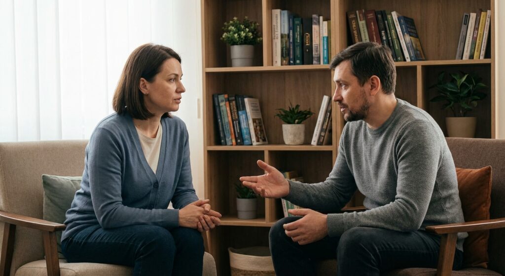 Терапевтическая консультация в уютном кабинете — логотерапевт ведёт беседу с клиентом