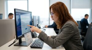 HR-специалист проверяет диплом в цифровой базе ФИС ФРДО на экране компьютера