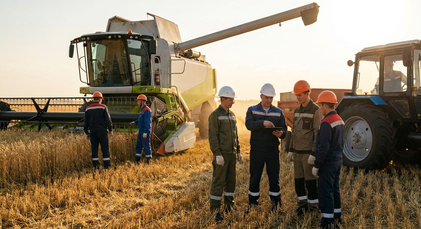 Рабочие в поле и механизмы сельхозтехники, обучение и практика на ферме