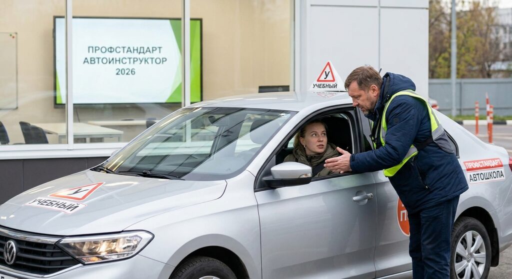Автоинструктор проводит практическое занятие по вождению, современный класс и автомобиль на учёбе