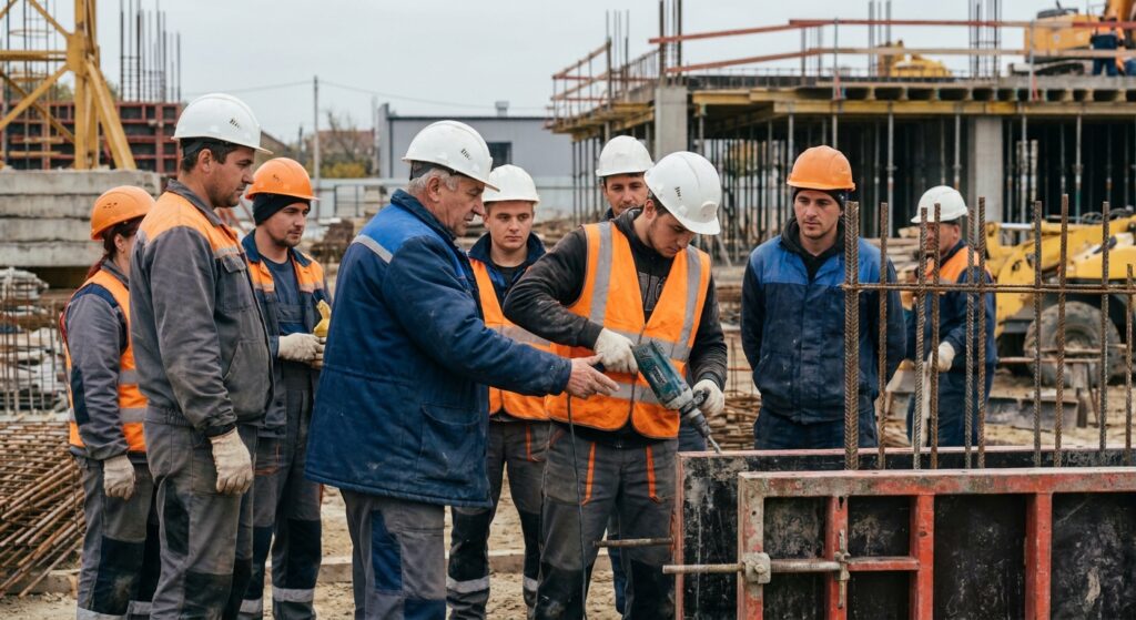 Workers in helmets on construction site, vocational training practical session