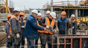 Workers in helmets on construction site, vocational training practical session