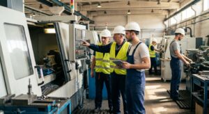 Industrial training: workers in helmets operating machinery and learning on shop floor