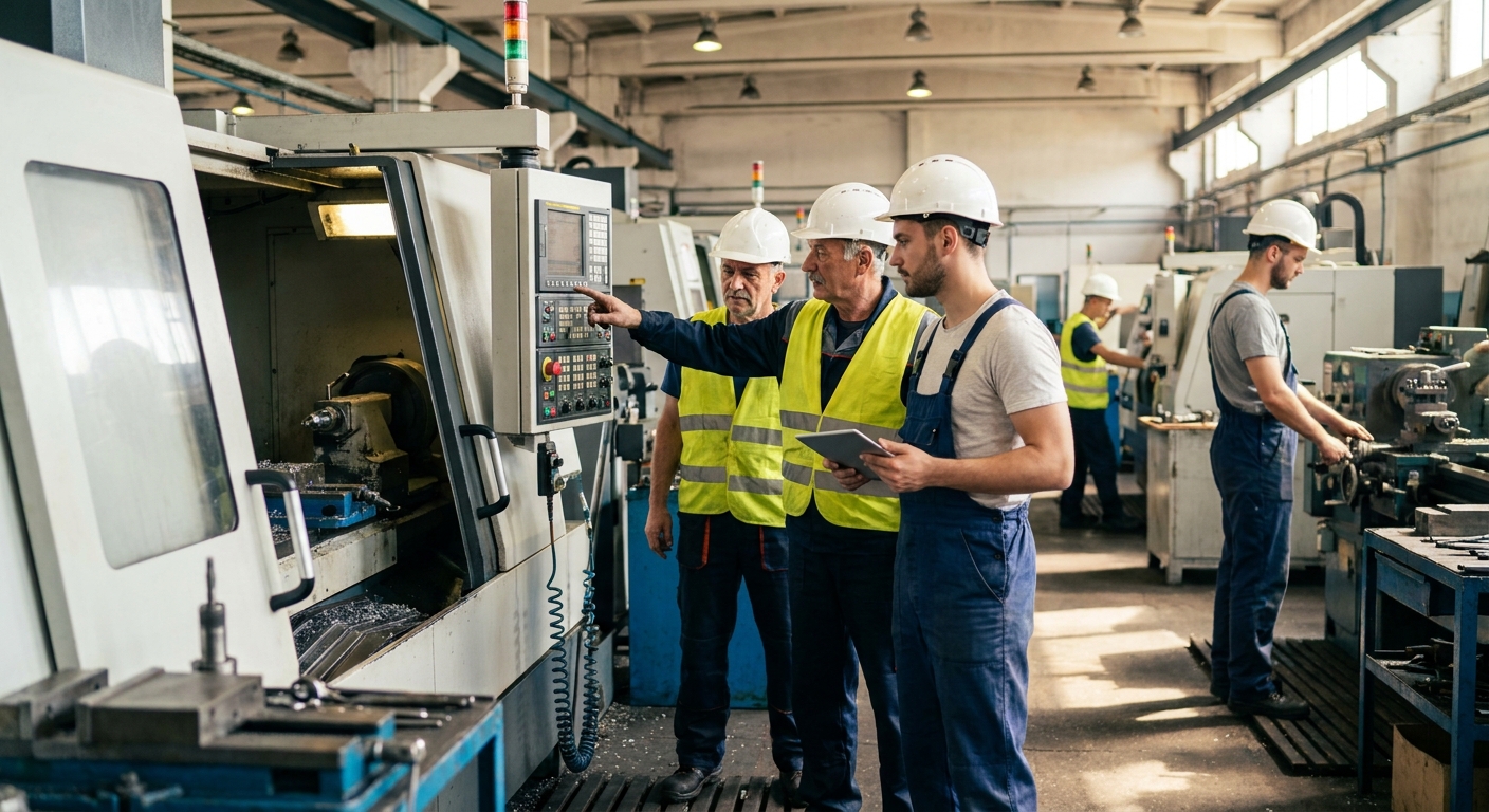 Industrial training: workers in helmets operating machinery and learning on shop floor